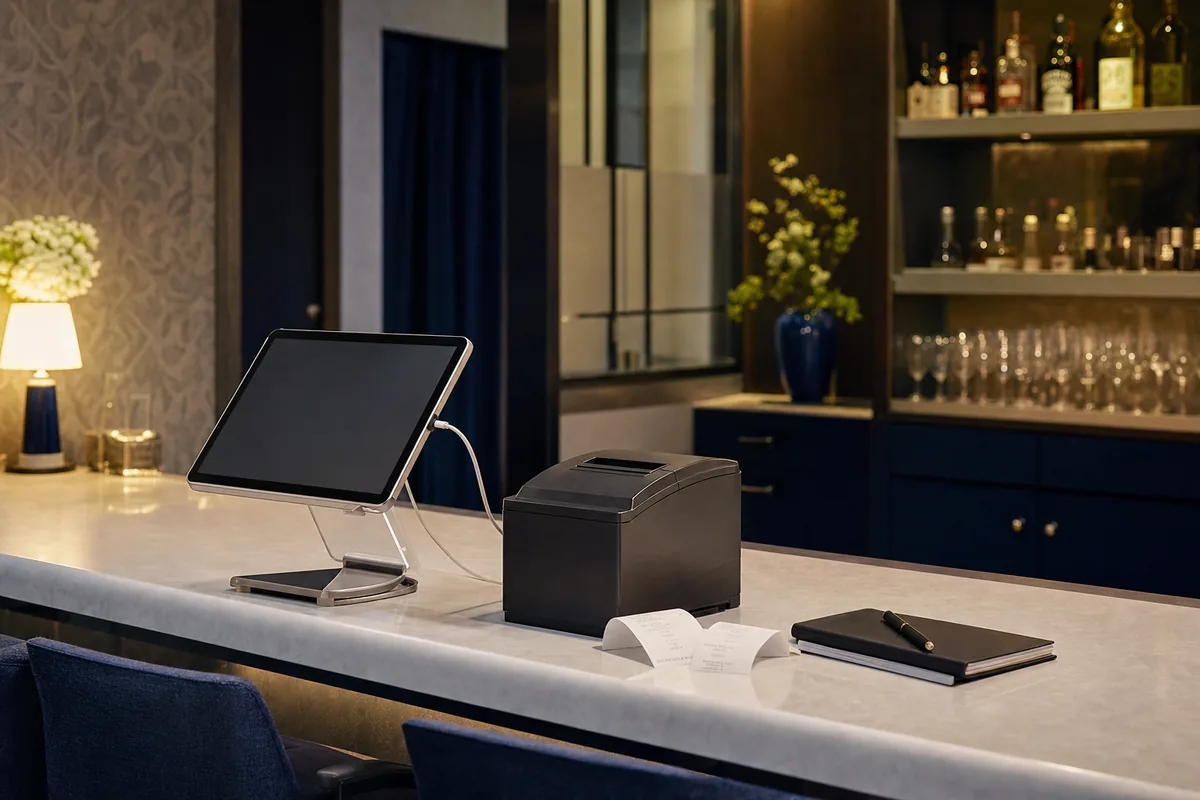 夜の店舗カウンターに置かれたタブレットPOSとレシートプリンター