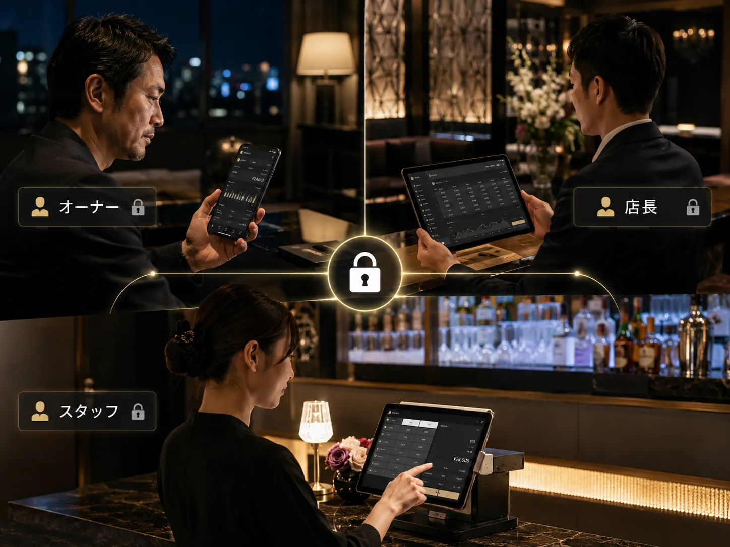 役割（オーナー・店長・スタッフ）ごとに、テーブル・会計・売上・給与など画面別のアクセス権限を分けるイメージ