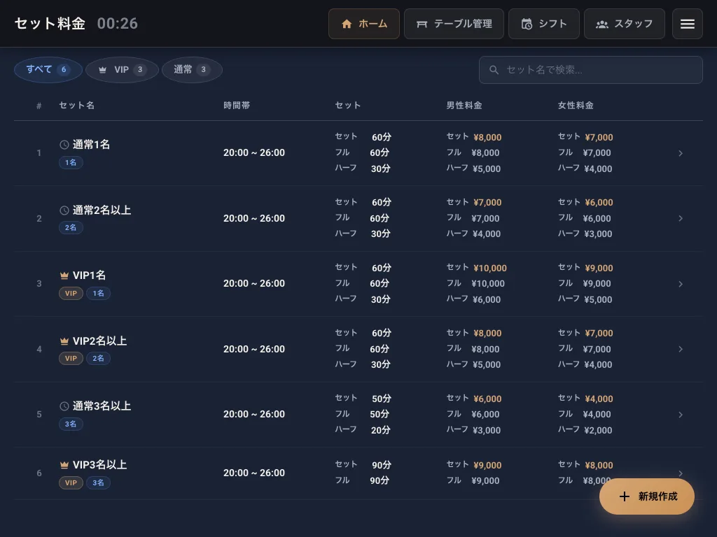 夜レジの料金設定画面。セット料金・サービス料率・税率・端数の丸め方式が店舗別に設定されている