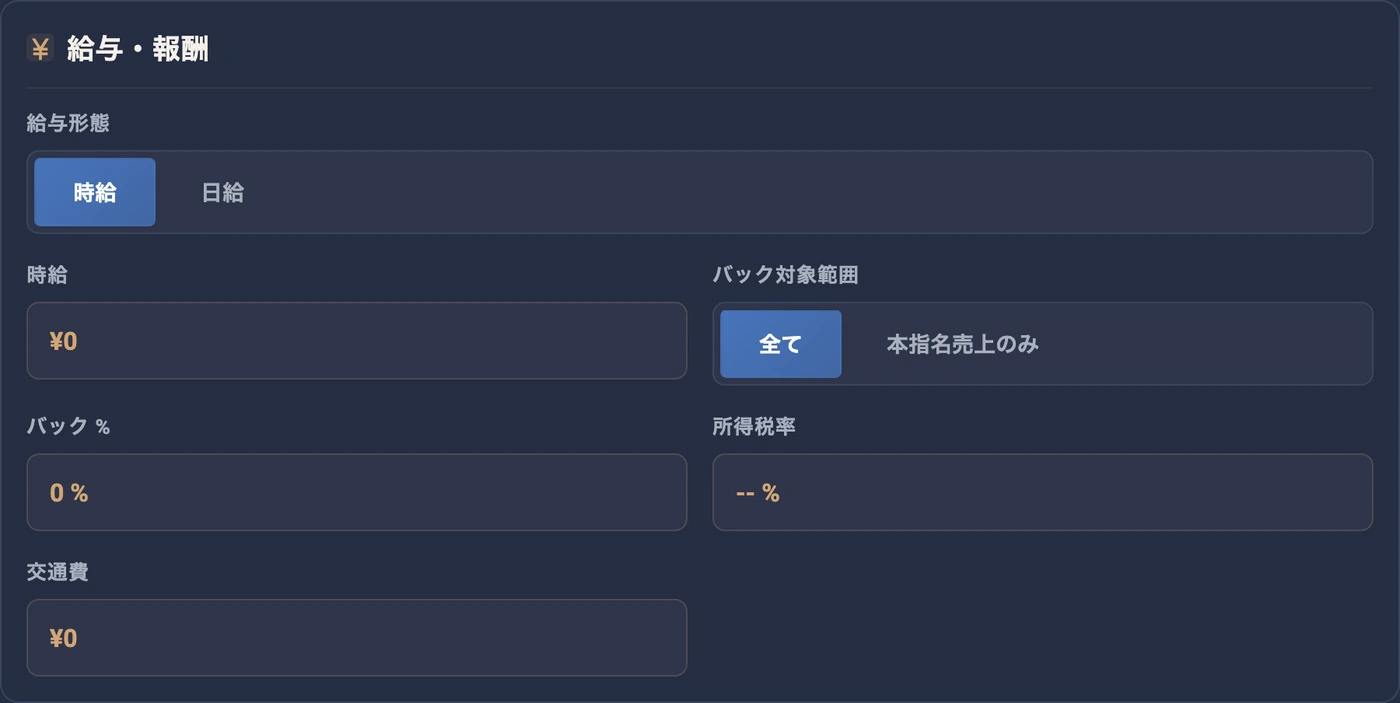 給与・報酬セクション。給与形態（時給／日給）、時給、バック対象範囲、バック％、所得税率、交通費