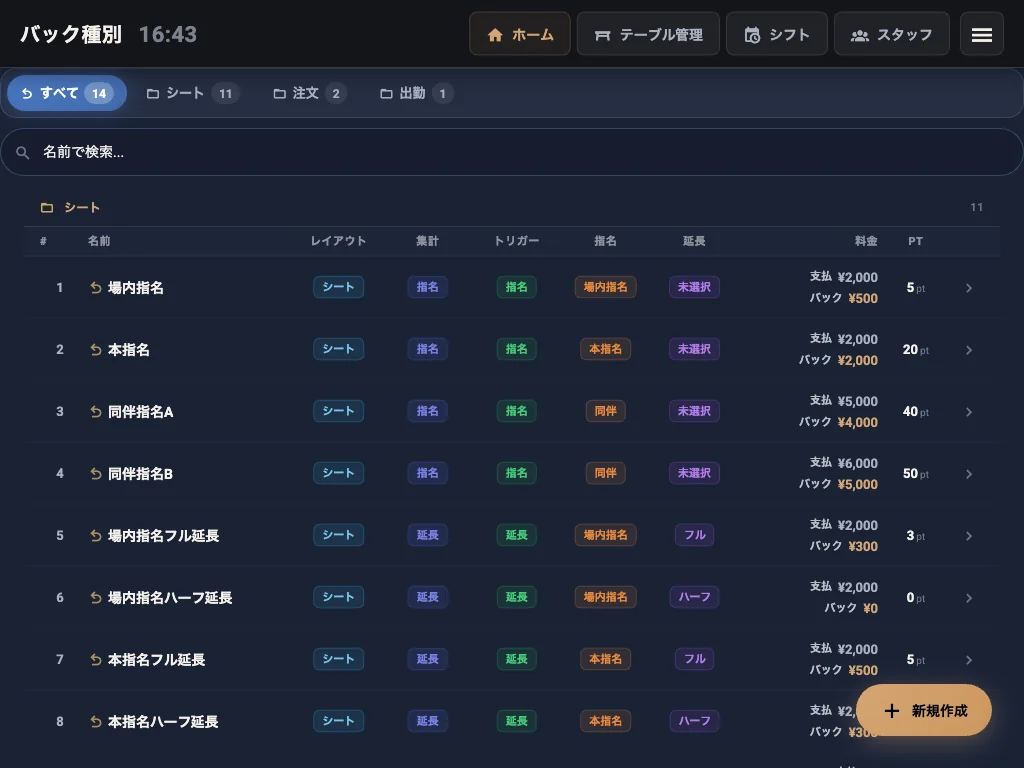 夜レジの複合会計画面。1枚の伝票に対して現金・カード・売掛（掛売）の支払方法を組み合わせて入力し、合計と内訳が表示されている