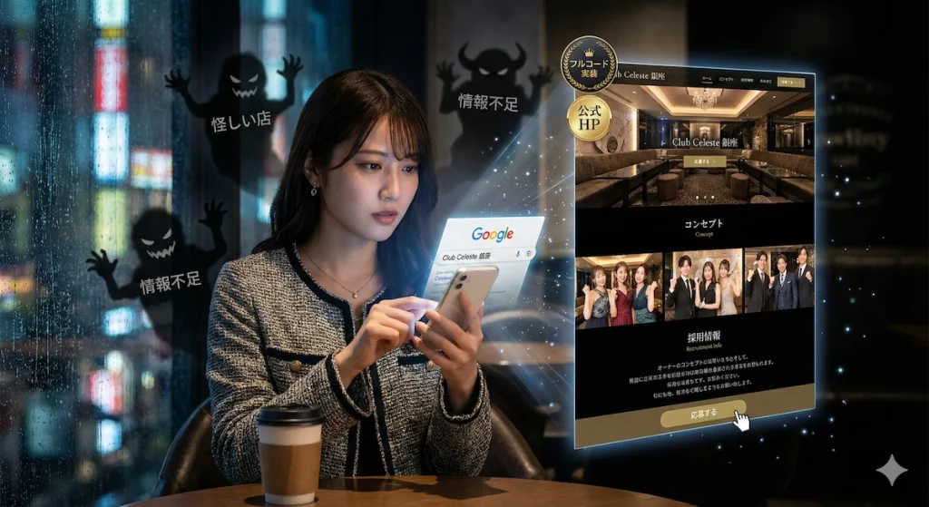 キャスト求職者の『裏取り検索』で不安な影を払拭し、信頼の光で応募を後押しする公式ホームページ。スマホで店舗情報を検索した女性が、『怪しい店』や『情報不足』といったネガティブな要素を公式HPの存在によって打ち消し、安心して採用情報へアクセスする瞬間を描写。公式HPがキャスト採用における強力な防波堤であることを示す。