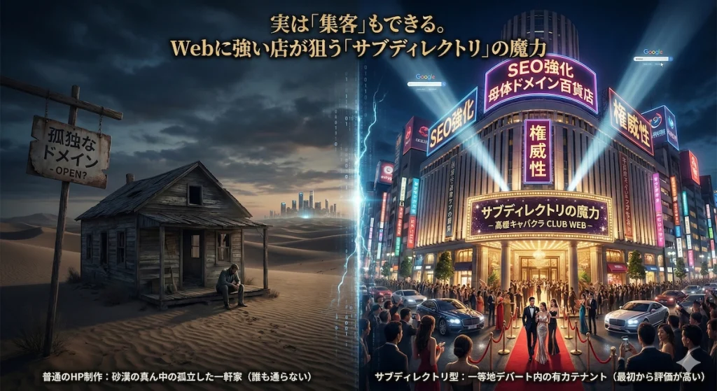 キャバクラ・ガールズバーのWeb集客戦略における『普通のHP制作（砂漠の孤立した一軒家）』と『サブディレクトリ型HP（繁華街のデパート）』の対比図解。SEOに強いサブディレクトリの魔力を解説。