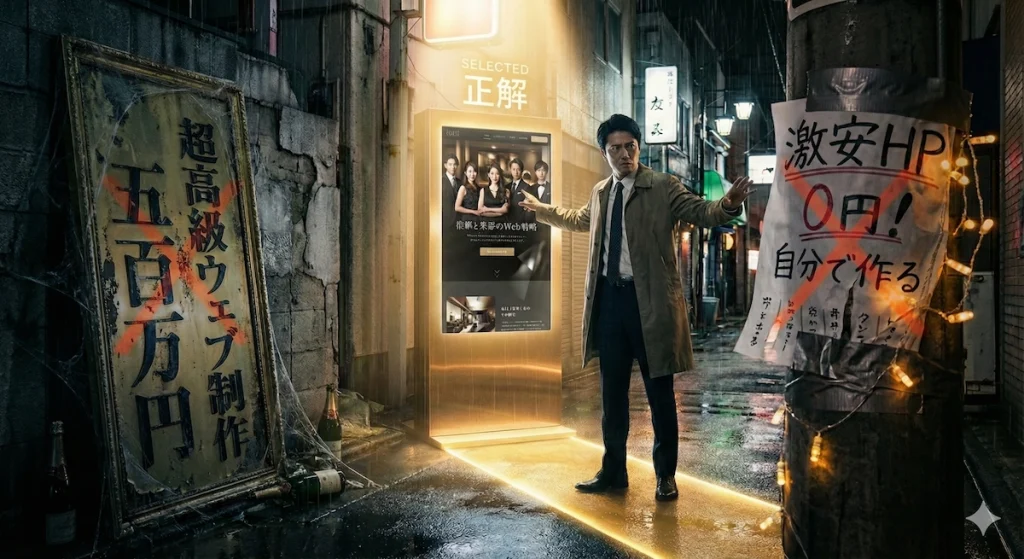 水商売（キャバクラ・ガールズバー）のホームページ制作において、「超高級な高額HP」と「安っぽい無料自作HP」の選択肢にバツ印が付き、「信頼と集客のWeb戦略」と表示されたSEOに強い格安HPが「正解」として選ばれている様子のイメージ画像。