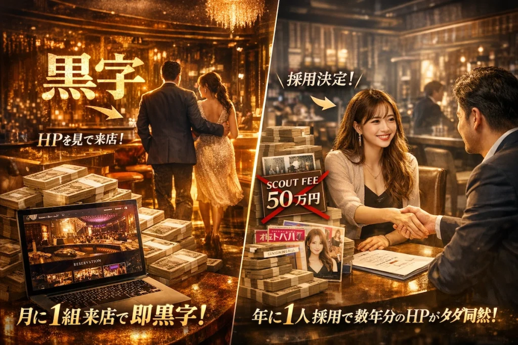 水商売（キャバクラ・ガールズバー）の公式HP導入による費用対効果とコスト削減の比較図。Web集客による即黒字化と、直接採用によるスカウト費・求人広告費の削減効果。
