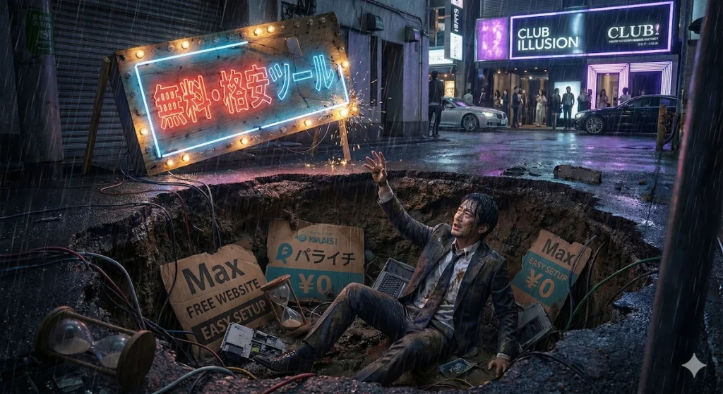 雨の夜の歓楽街で、「無料・格安ツール」と光るネオン看板の下、道路に空いた巨大な落とし穴に落ちて絶望するスーツ姿の男性。穴の中には「Max FREE WEBSITE ￥0」「パライチ ￥0」と書かれたダンボール看板や壊れたパソコンが散乱しており、キャバクラやガールズバーなどの水商売経営者が安易に無料ホームページ作成ツールに手を出した結果、集客や求人で失敗するリスクを象徴的に描いている。