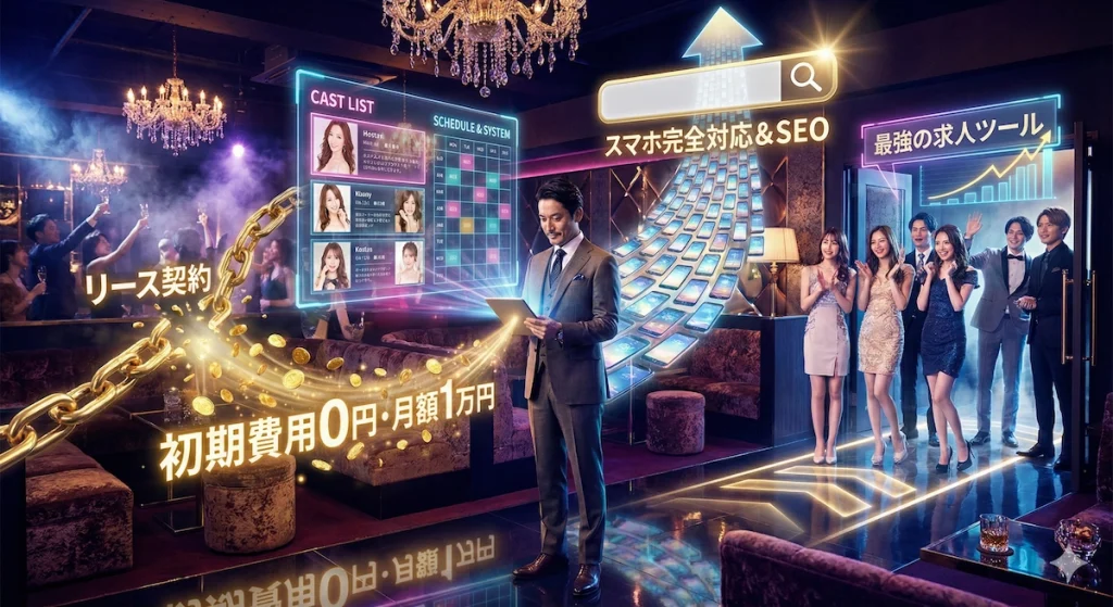 水商売専門HP制作「夜ウェブ」が選ばれる4つの理由|初期費用0円・スマホSEO対策・求人機能・売れる構成のメリットイメージ