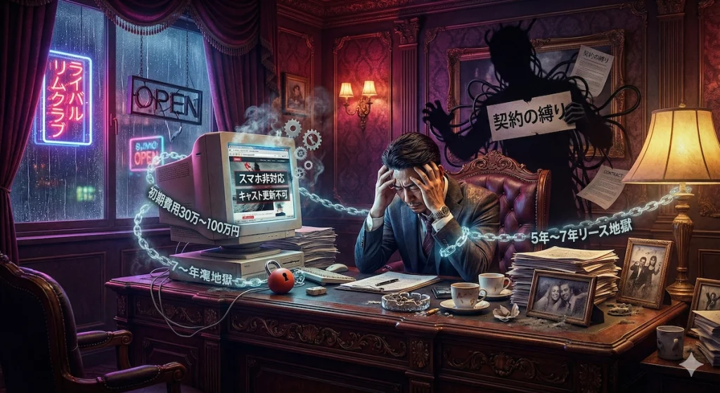 豪華なオフィスで頭を抱えるナイトクラブのオーナー。「契約の縛り」という影、「初期費用30万〜100万円」「5年〜7年リース地獄」と書かれた鎖に縛られ、「スマホ非対応」「キャスト更新不可」と表示された古いパソコンの前で苦悩している様子。多くの店舗オーナー様が抱えるHP制作の悩みを象徴的に表現したイラスト。