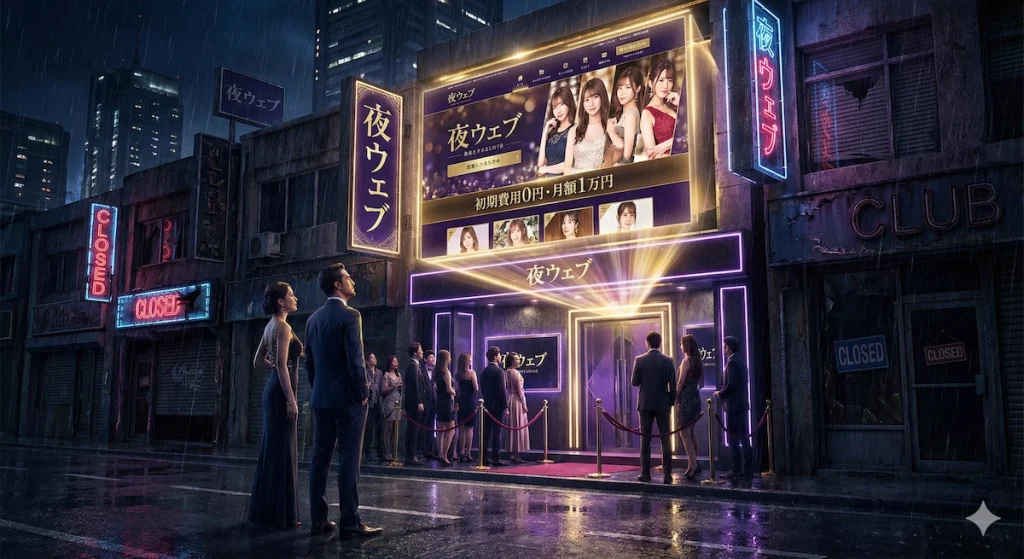 水商売専門ホームページ制作サービス「夜ウェブ」を導入し、初期費用0円・月額1万円で洗練された公式サイトを持つことで、競合店と圧倒的な差をつけ、多くの顧客で賑わう高級キャバクラの様子。雨の夜のネオン街で一際輝く店舗の大型ビジョンには、キャスト一覧や「初期費用0円・月額1万円」の文字が表示され、店舗前には入店を待つ人々の列ができている。周囲の暗く寂れた競合店との対比が、公式HPによる集客成功を物語っている。