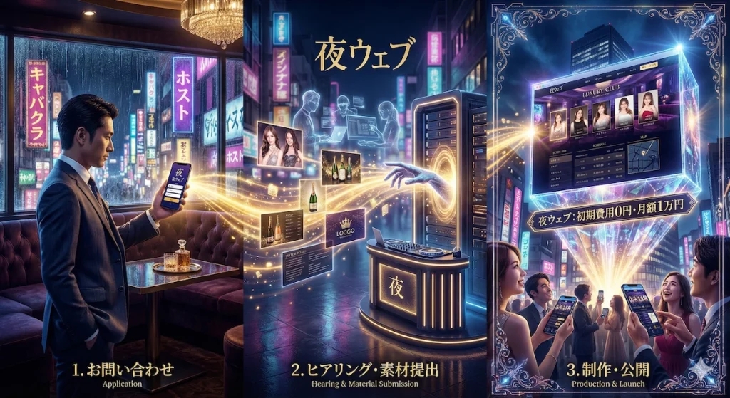 水商売専門ホームページ制作『夜ウェブ』のお申し込みから公開までの3ステップの流れを示すイラスト。左からスマートフォンでの『1. お問い合わせ』、デジタルデータによる『2. ヒアリング・素材提出』、完成したサイトが街中で公開される『3. 制作・公開』の様子が描かれており、画像内には『初期費用0円・月額1万円』の文字も確認できる。